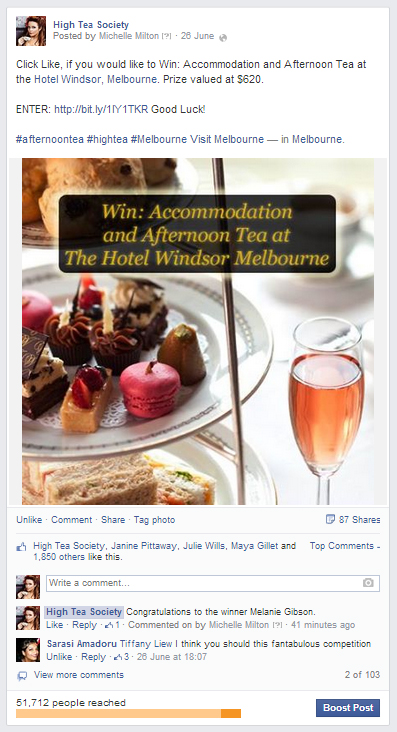 Facebook Post used to promote The Windsor Hotel Campaign