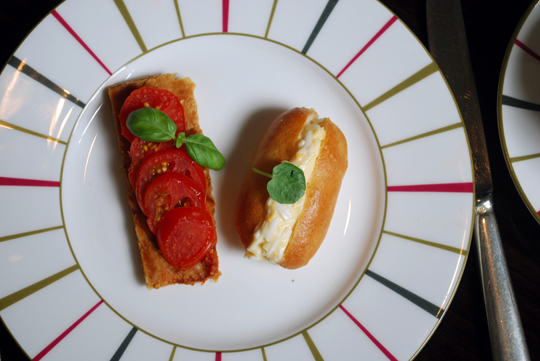 Heritage tomato tart and Egg mayonnaise with watercress sandwich