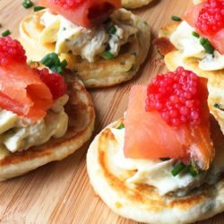 Chive blini with smoked ocean trout