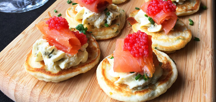 Chive blini with smoked ocean trout