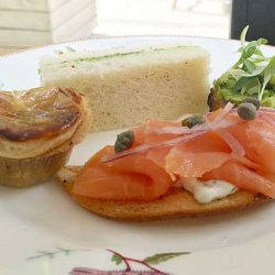 Smoked salmon crostini, capers, red onion
