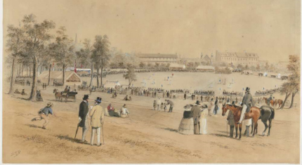 High Tea with History. In 1857, the first state cricket match between Victoria and New South Wales was played in the Domain. High Tea was served to the ladies and gentlemen attending. NSW won. The Doman facing towards Parliament House. Image credit: Samuel Thomas Gill (1818 – 1880), National Library of Australia