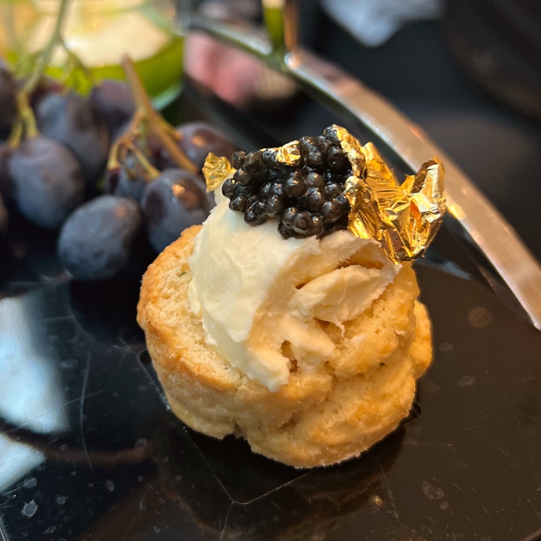 ARS Italica Royal Oscietra Caviar, Brillat-Savarin cheese scone with 12 karat gold leaf