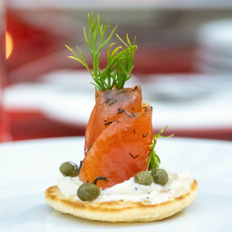 Ocean Trout Gravlax with Cream Cheese on a Blini