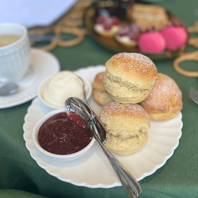 Buttermilk scones, forest berry preserve with clotted cream