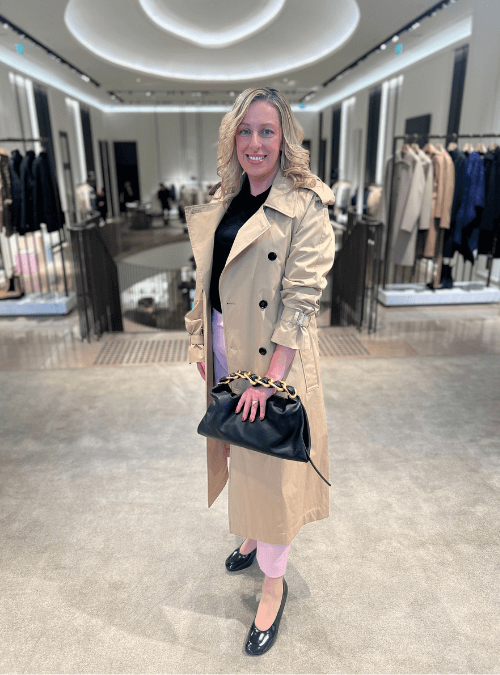 Charlene Macaulay tries on a classic Burberry trench coat