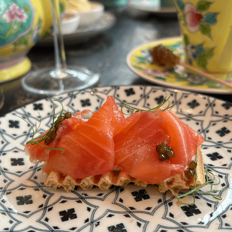 Home-Cured Beetroot Norwegian Salmon Oscietra Caviar, Puff Pastry, Yuzu Pearl, Sour Cream