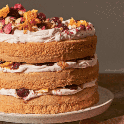 Hazelnut layer cake with roasted cherries & honeycomb