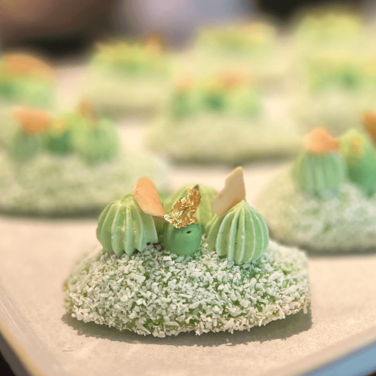 Pandan madeleine with kaya jam and toasted coconut