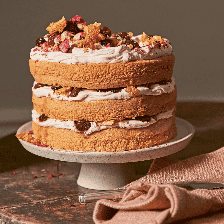 Hazelnut Layer Cake with Roasted Cherries & Honeycomb