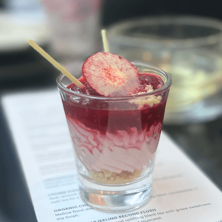 Rosella and Raspberry Parfait with cream cheese, Chambord and rosella crémeux and crumble