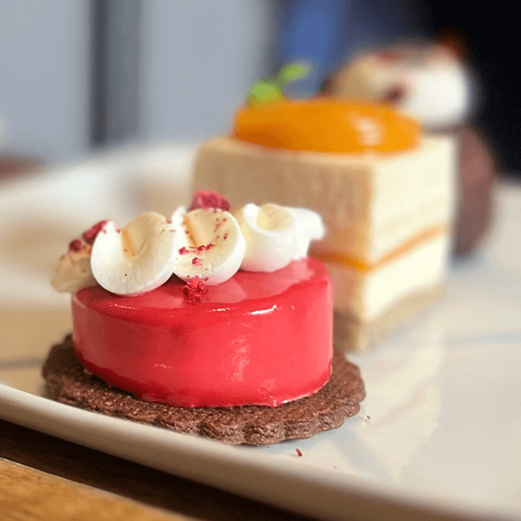 Vanilla bavaroise, rosella, raspberry and rose water jam, dark chocolate sable