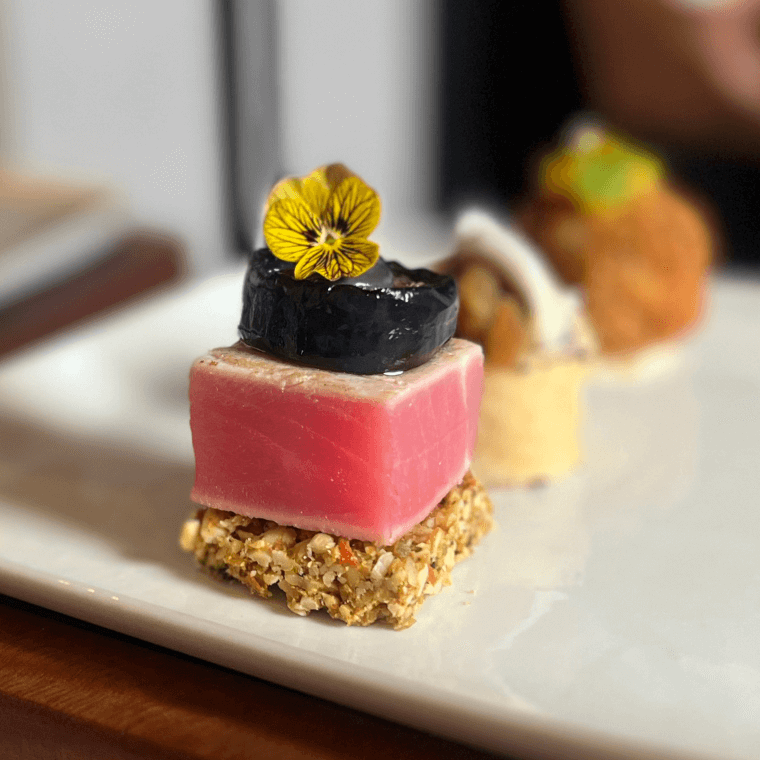 Fremantle tuna, flaxseed cracker, grilled eggplant, squid ink