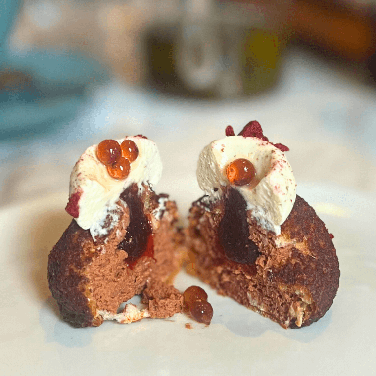 Bahen & Co chocolate choux, cherry, pepper berry mousse