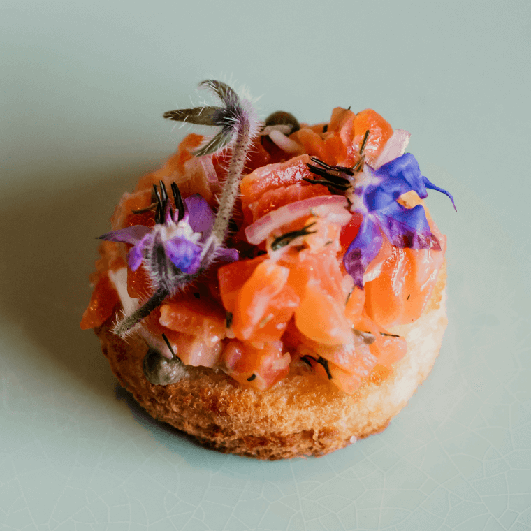 Ocean trout gravlax, brioche, lemon myrtle labneh, baby capers