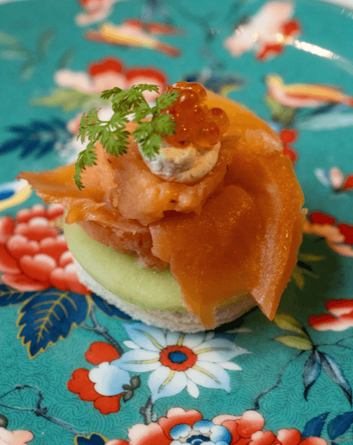 Smoked salmon open sandwich, cured melon, lemon myrtle ricotta, gin caviar