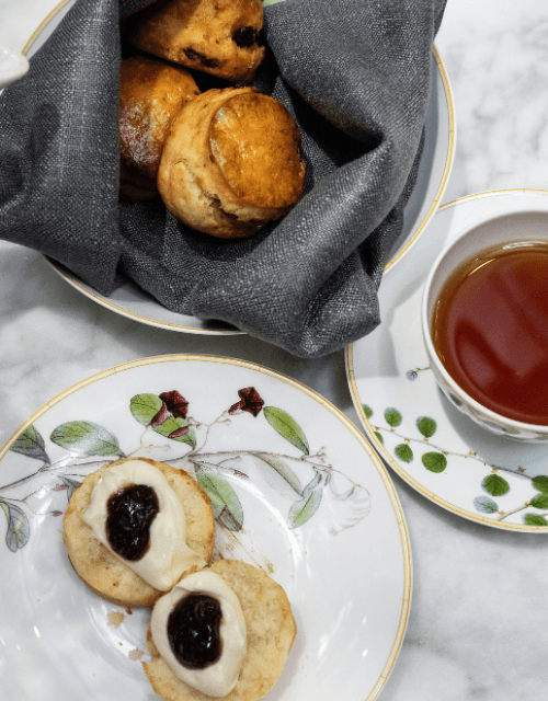 Traditional and tea-soaked raisin scones, house made seasonal jam, clotted cream